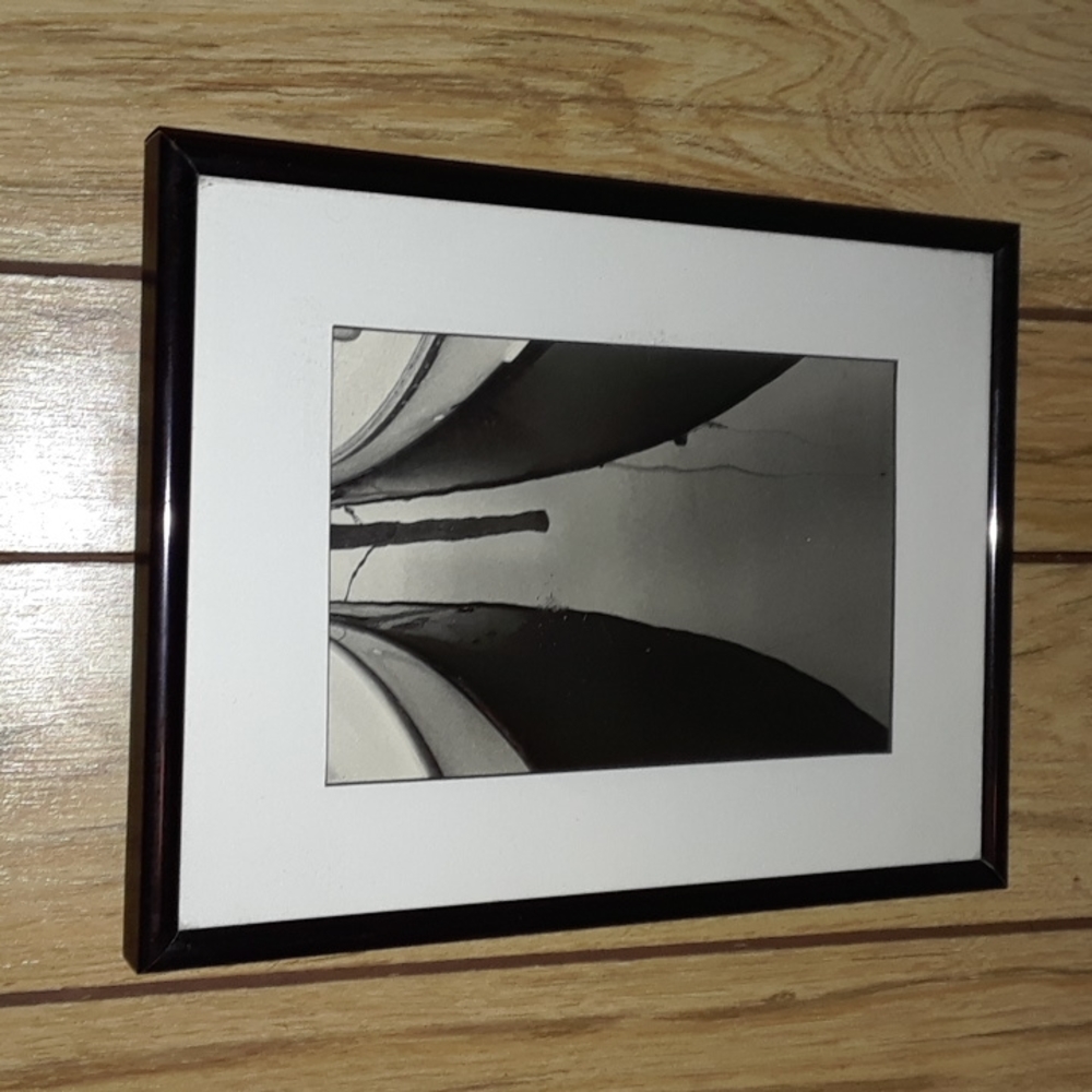 Black Steel Framed Black and White Photo of boats and reflection on the water